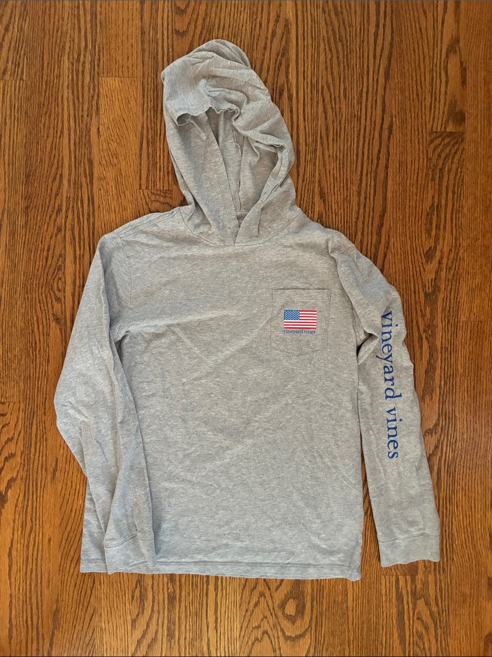 Vineyard Vines Light Gray Hooded Long Sleeve Tee with Flag Chest Patch